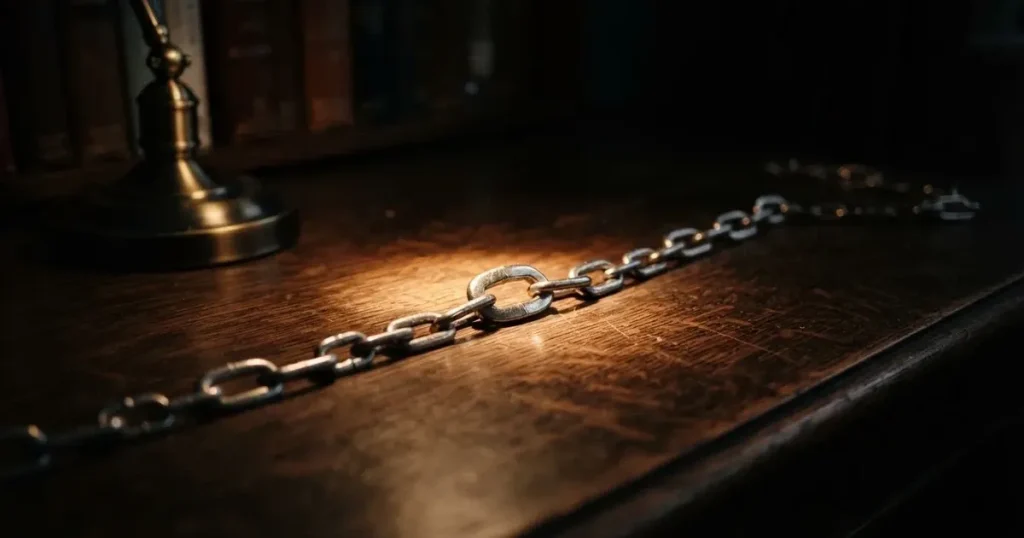 Eine Kette aus silbernen Gliedern liegt ausgebreitet auf dunklem Holz, ein einzelnes Glied ist von einer Lampe hell beleuchtet.