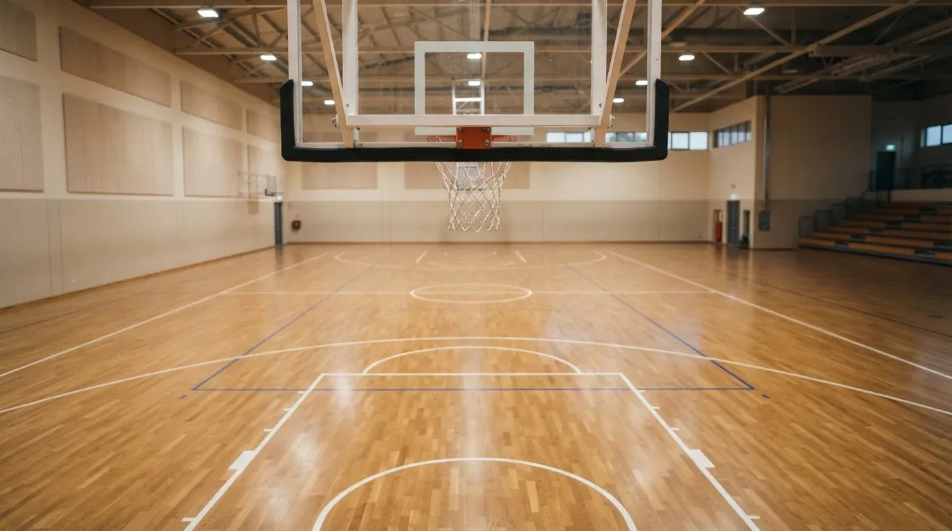 Ein Basketballkorb hängt in einer leeren Halle über einem Holzparkett, von der Decke fällt gleichmässiges Licht auf den Boden.