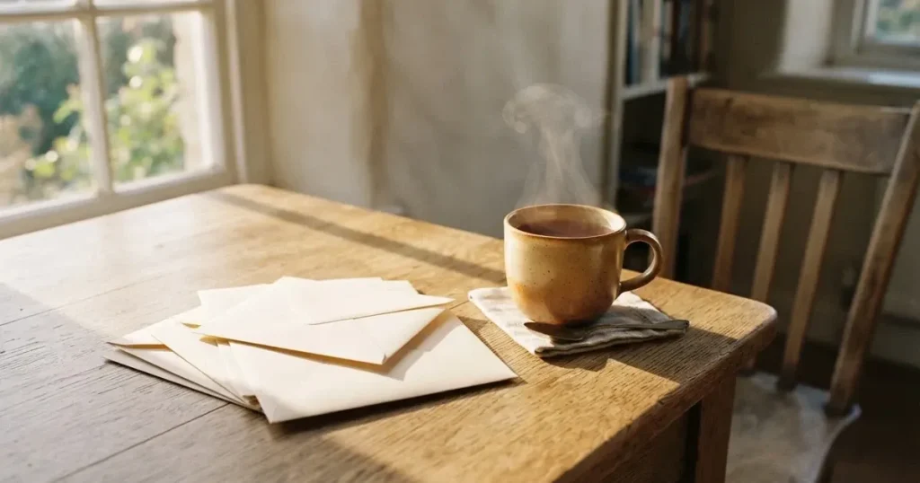 Ein Stapel schlichter Briefumschläge liegt auf einem Küchentisch neben einer Tasse Tee, durch das Fenster fällt Morgenlicht.