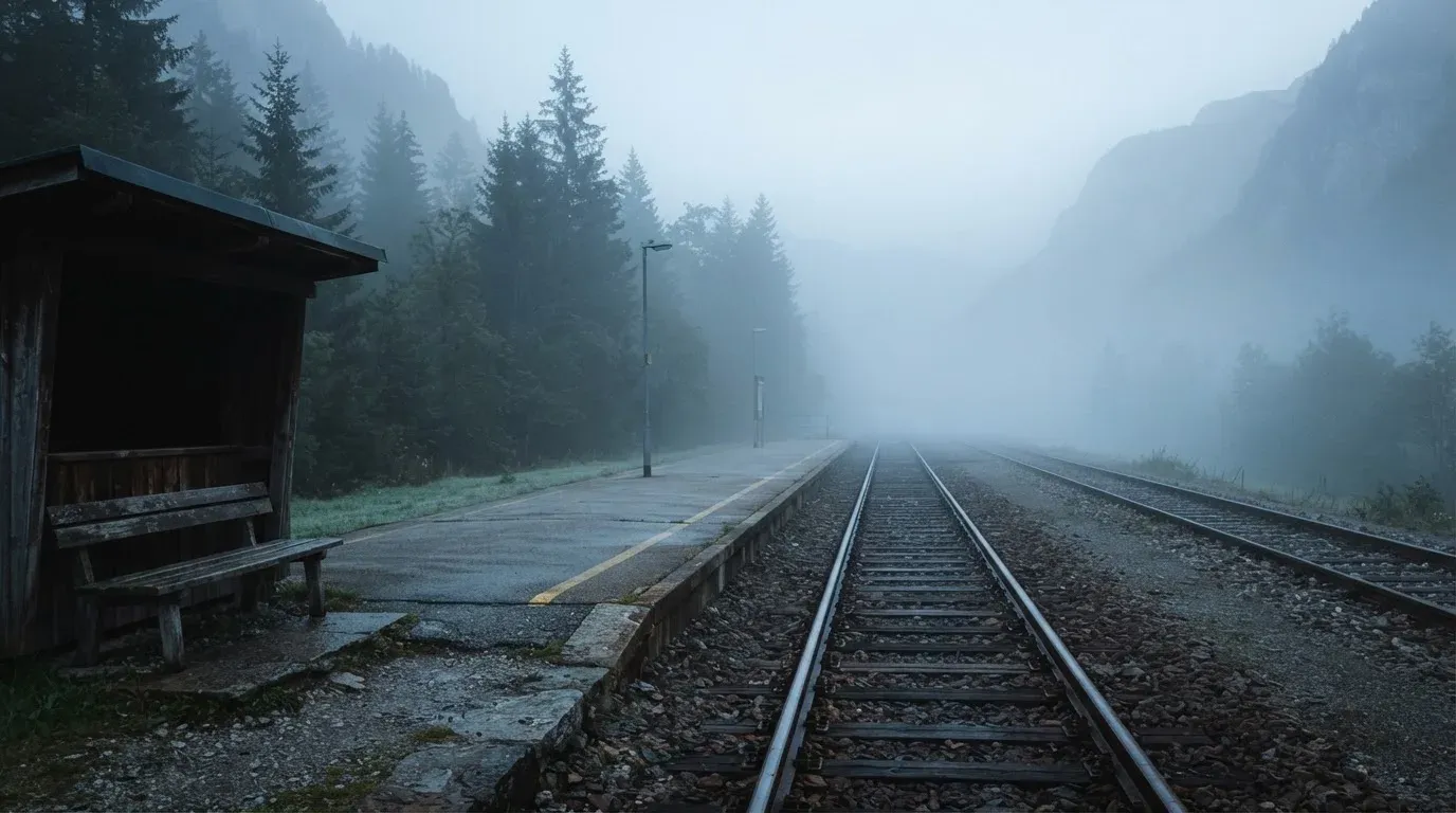 Ein leerer Bahnsteig in den Bergen mit zwei Gleisen, über den Schienen hängt Morgennebel und dahinter ragen dunkle Tannen auf.