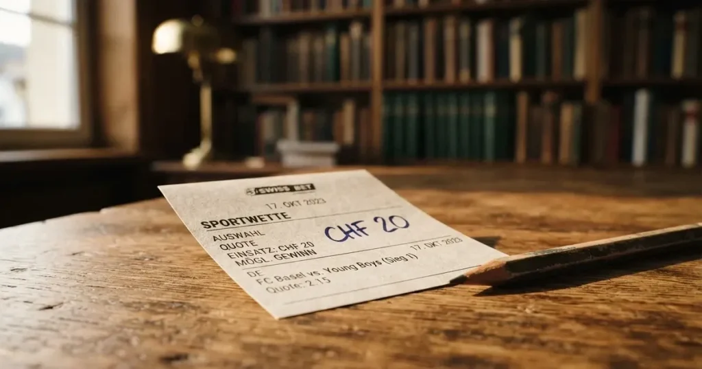 Ein kleiner Stapel Münzen liegt auf einem Holztisch neben einem Bleistift, im Hintergrund unscharf ein Regal mit Büchern.