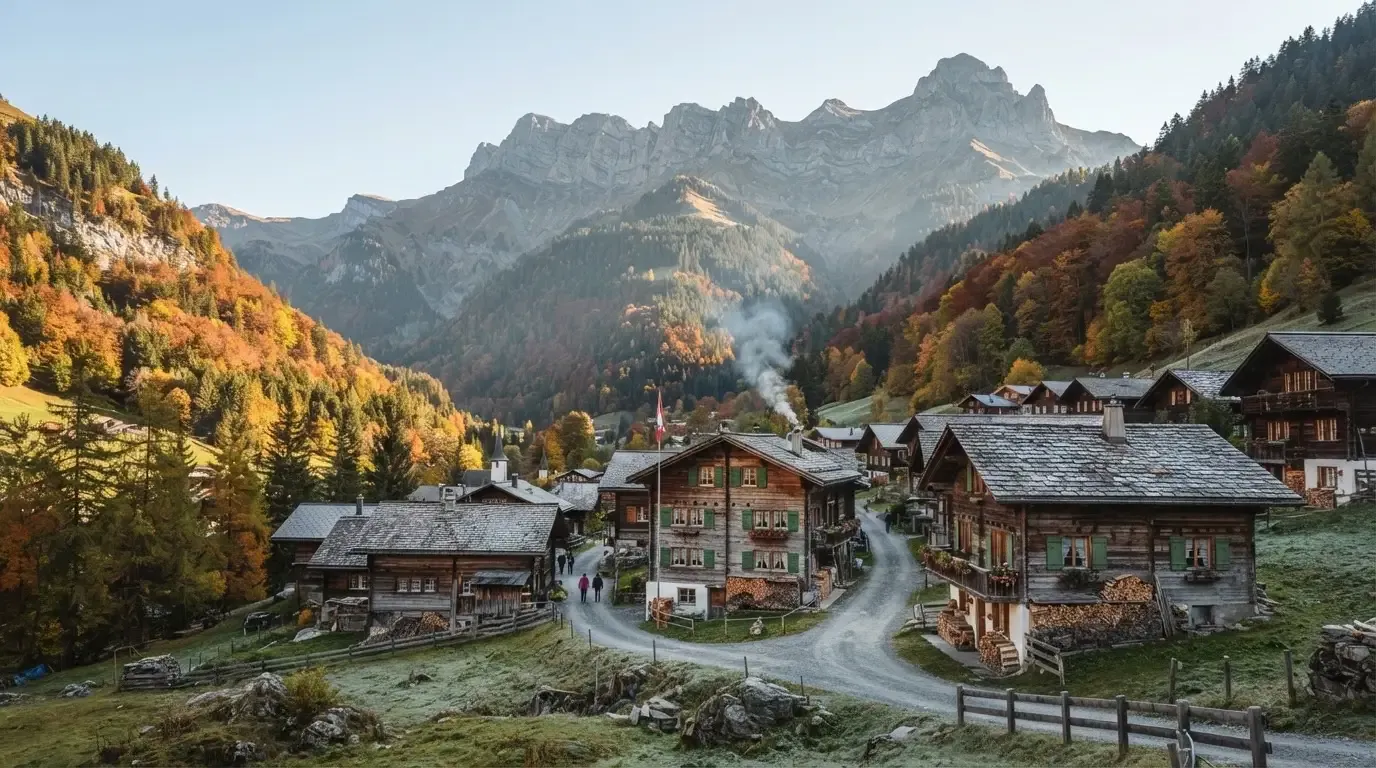 Ein kleines Dorf mit Holzhäusern liegt im Herbst in einem Tal, darüber ragen bewaldete Hänge und ein Bergkamm auf.