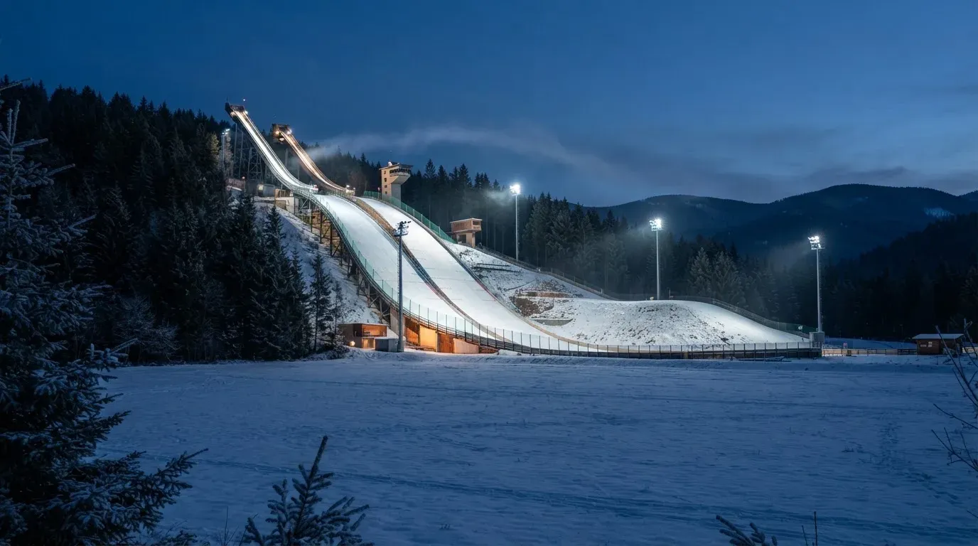 Eine Skisprungschanze steht am Abend im Flutlicht, aus der Ferne betrachtet, umgeben von dunklem Tannenwald und leichtem Schnee.