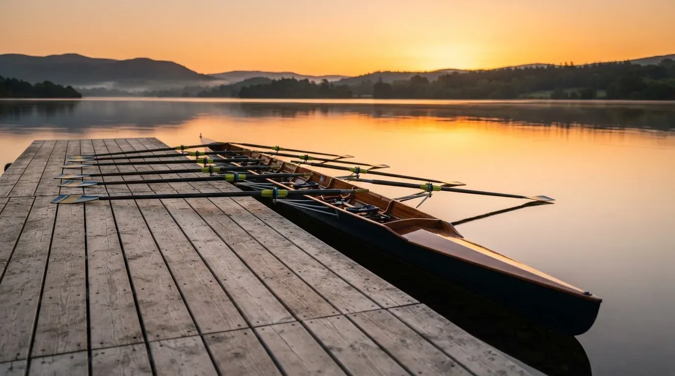Ein leerer Ruder-Achter liegt bei Sonnenaufgang am Steg eines Sees, das Wasser ist spiegelglatt und der Himmel orange.
