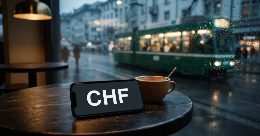 Ein Café-Tisch am Fenster trägt ein Smartphone mit dunklem Display, an der Scheibe laufen Regentropfen herunter und draussen steht eine Tram.