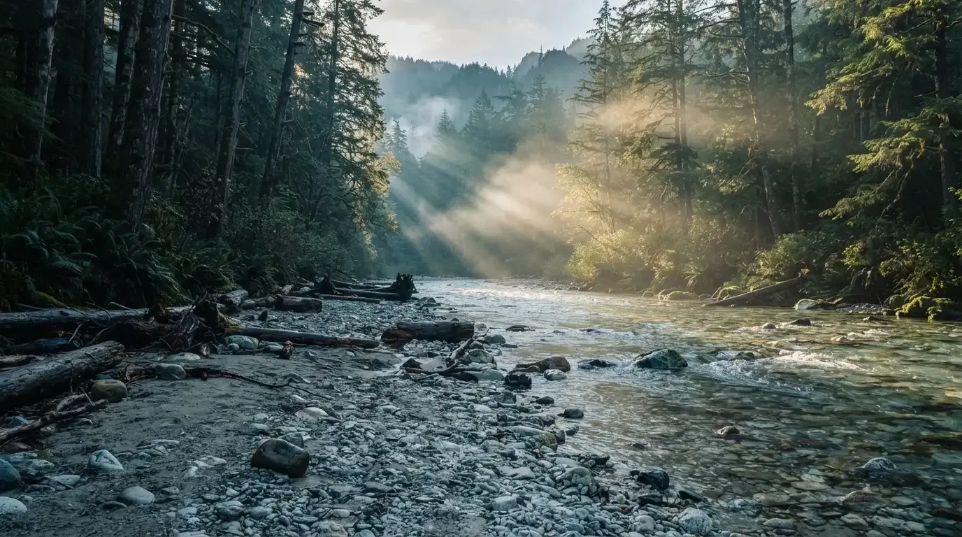 Ein Fluss mit breiter Kiesbank fliesst durch einen Wald, über dem Wasser hängt früher Nebel und Sonnenstrahlen brechen durch.
