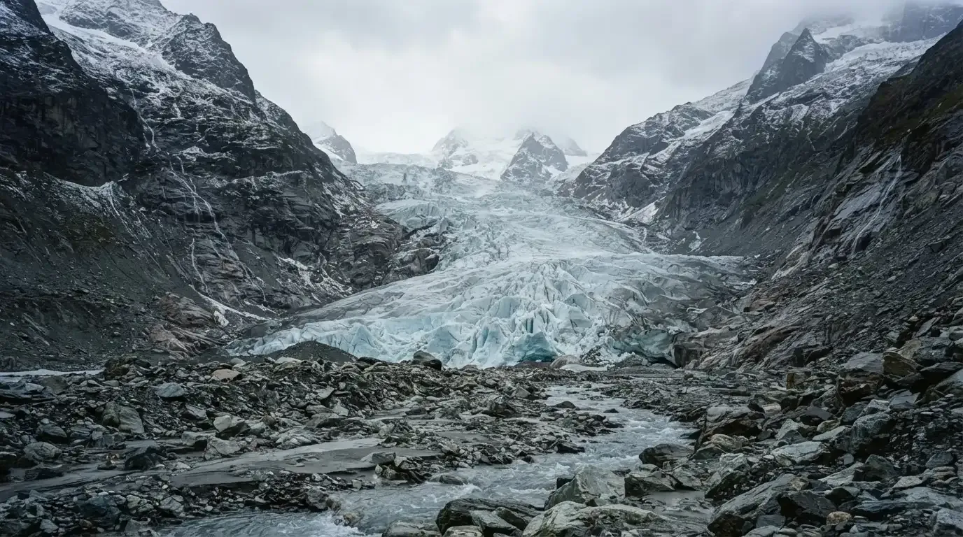 Ein Gletscher schiebt sich zwischen steile Felswände, im Vordergrund liegen Geröll und ein schmaler Bach in kaltem Licht.
