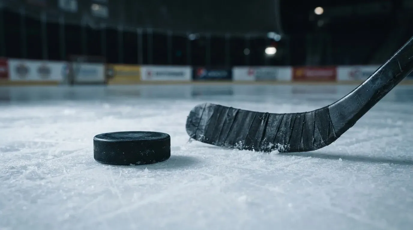 Ein Eishockeypuck liegt auf der Eisfläche neben dem Blatt eines Schlägers, die Bande dahinter ist im Dunkeln nur schwach zu erkennen.