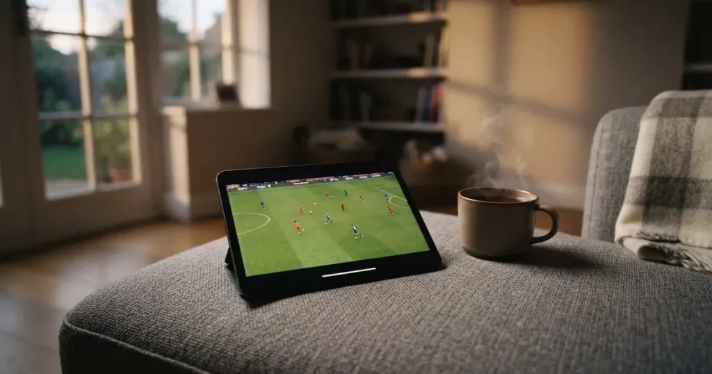 Ein Tablet mit schwarzem Display liegt auf einem Sofakissen, daneben ein Becher mit Tee, vom Fenster her fällt Abendlicht.