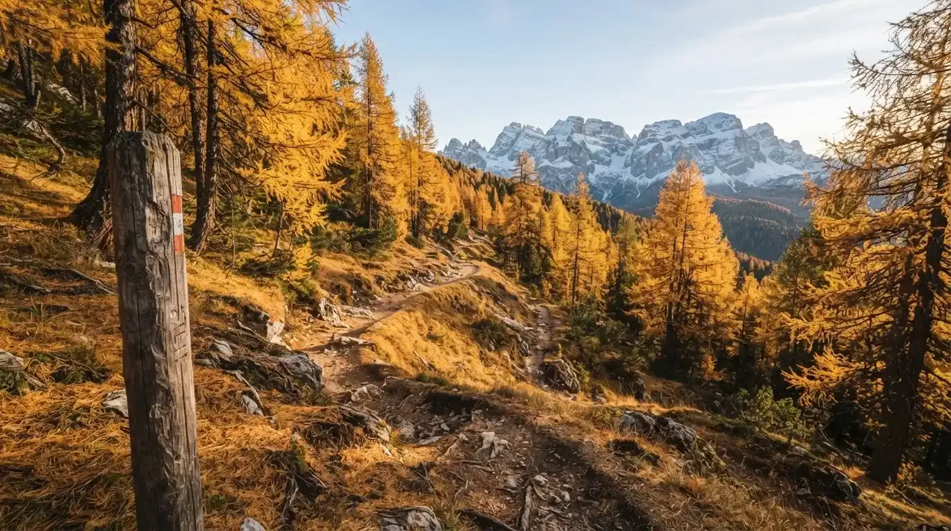 Ein Wanderweg schlängelt sich durch einen goldgelben Lärchenwald, in der Ferne sind schneebedeckte Berge zu sehen.