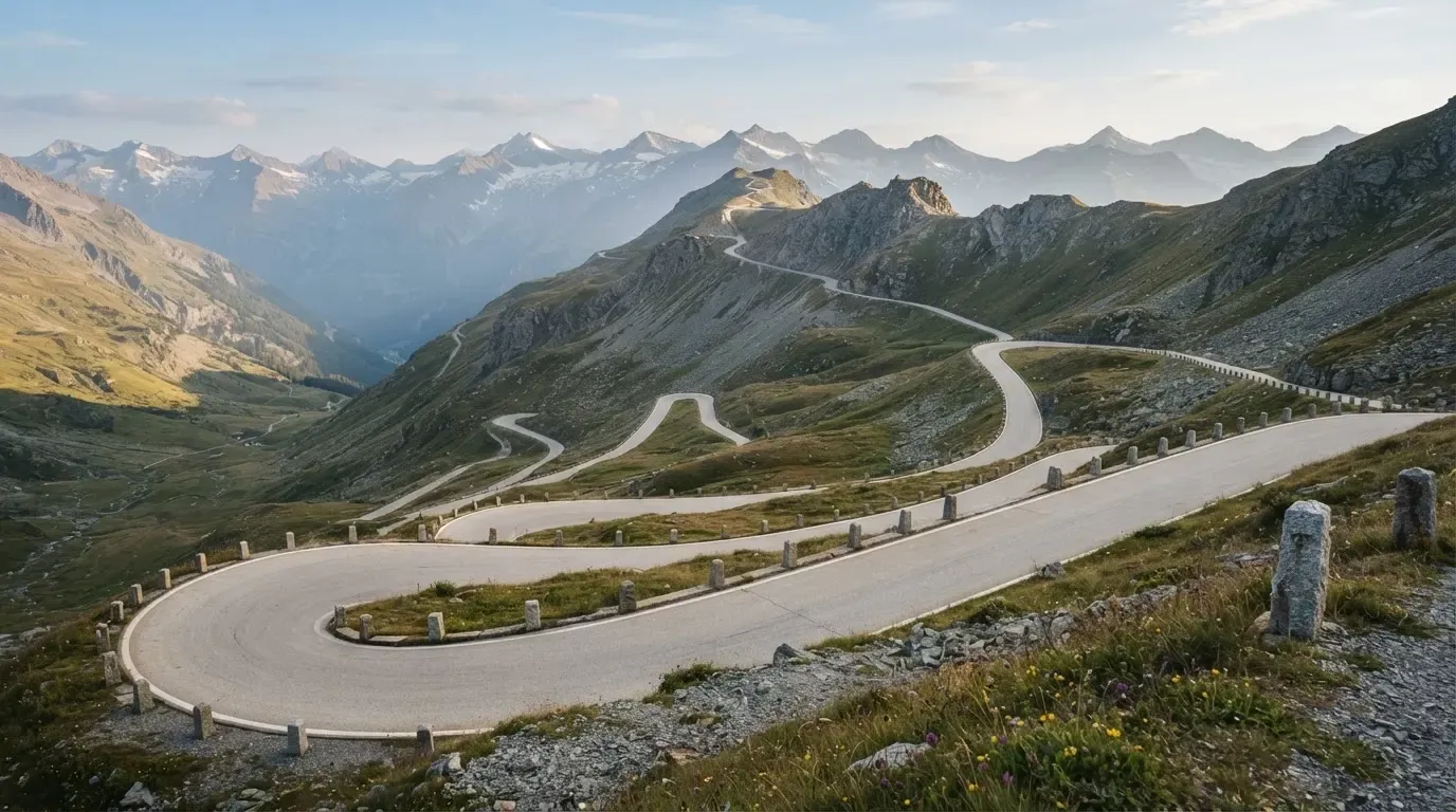 Eine leere Passstrasse mit Serpentinen windet sich im Morgenlicht einen Berg hinauf, am Rand stehen niedrige Steinpfosten.