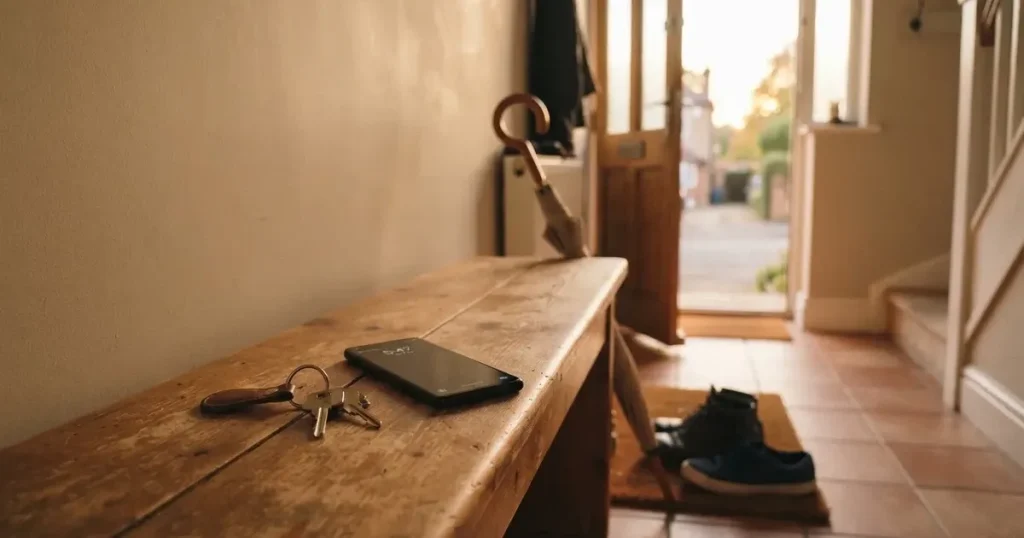 Ein Schlüsselbund und ein Smartphone mit dunklem Display liegen auf einer Holzbank in einem Hauseingang, daneben ein Regenschirm.