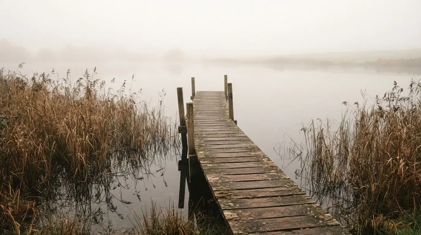 Ein Seeufer mit Schilf und einem schmalen Holzsteg liegt im Nebel, das Wasser ist ruhig und das andere Ufer kaum sichtbar.
