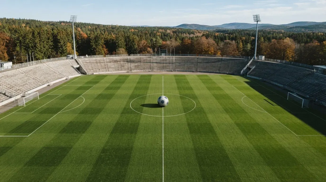 Ein Rasenplatz mit Spielfeldlinien ist von oben gesehen, ein einzelner Ball liegt in der Mitte, rundherum stehen leere Tribünen und Tannenwald.