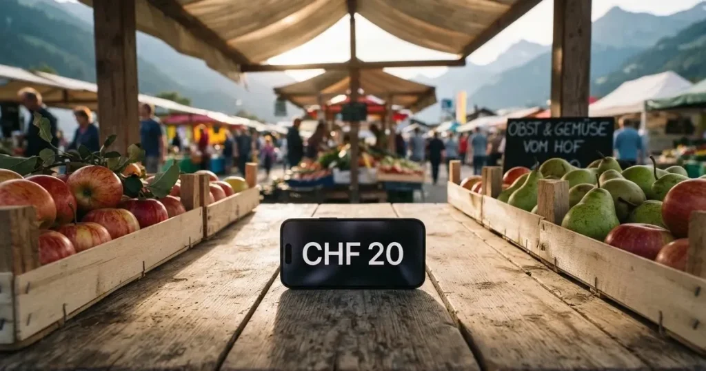 Ein Smartphone mit dunklem Display liegt auf dem Holztisch eines Marktstands zwischen Äpfeln und Birnen, morgendliches Licht fällt durch eine Plane.