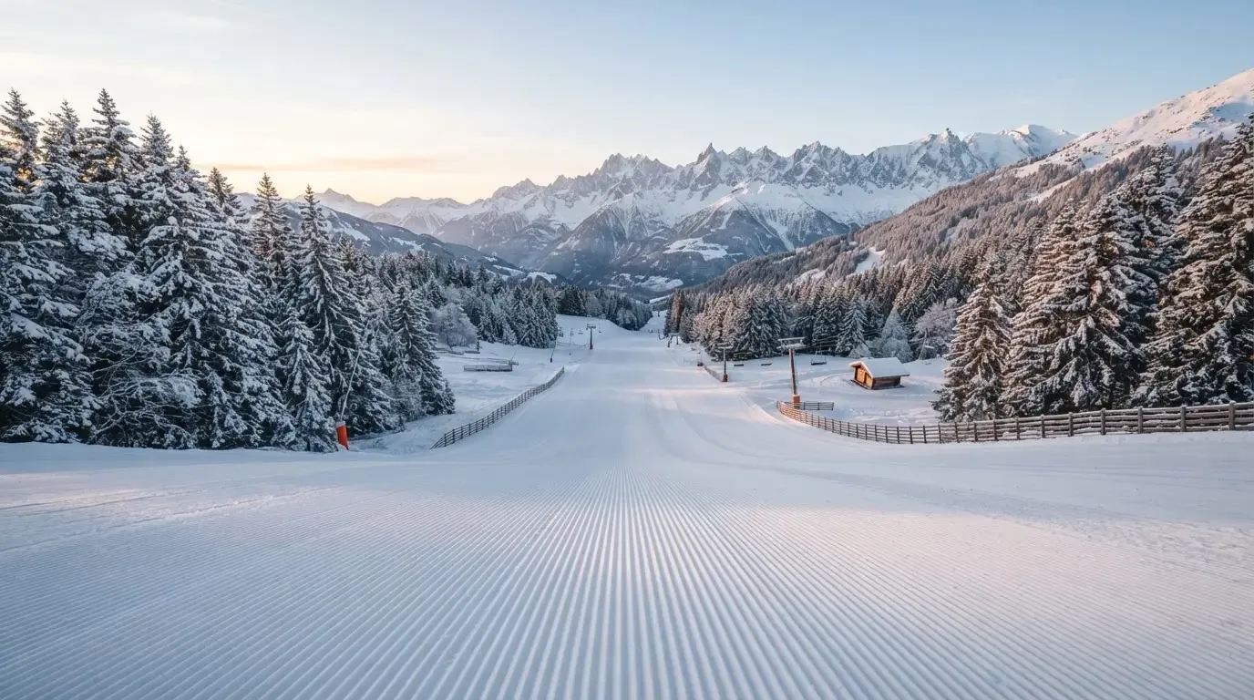 Eine frisch präparierte Skipiste liegt im Morgenlicht leer da, am Rand stehen verschneite Tannen und im Hintergrund Gipfel.