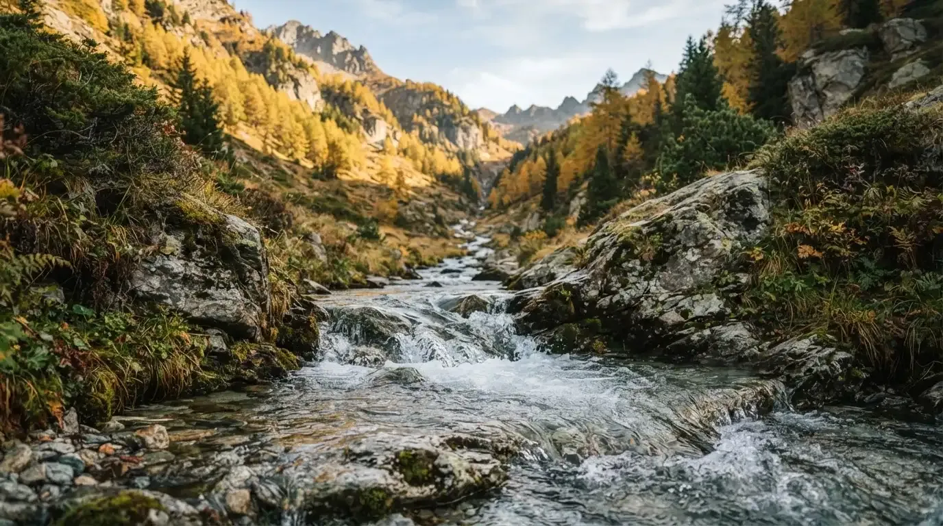 Ein Bergbach fliesst über glatte Steine durch ein enges Tal, an den Hängen leuchten Lärchen in gelbem Herbstlicht.