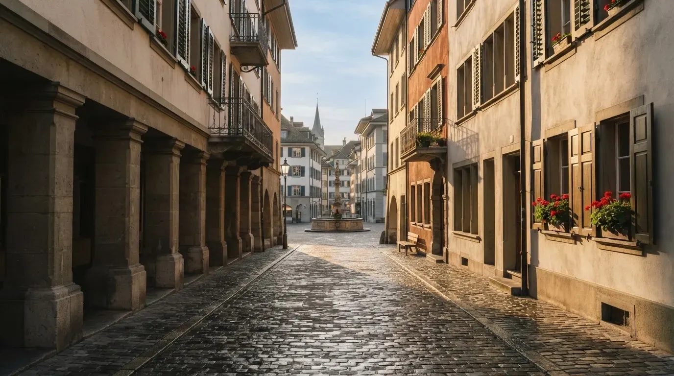 Eine kopfsteingepflasterte Gasse mit Arkaden in einer Schweizer Altstadt im frühen Morgenlicht, niemand ist unterwegs.