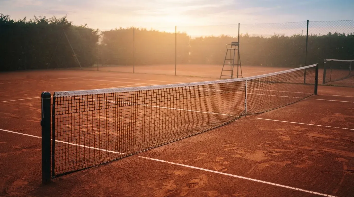 Ein Tennisplatz im Morgengrauen mit gespanntem Netz und feinem Dunst über der roten Asche.