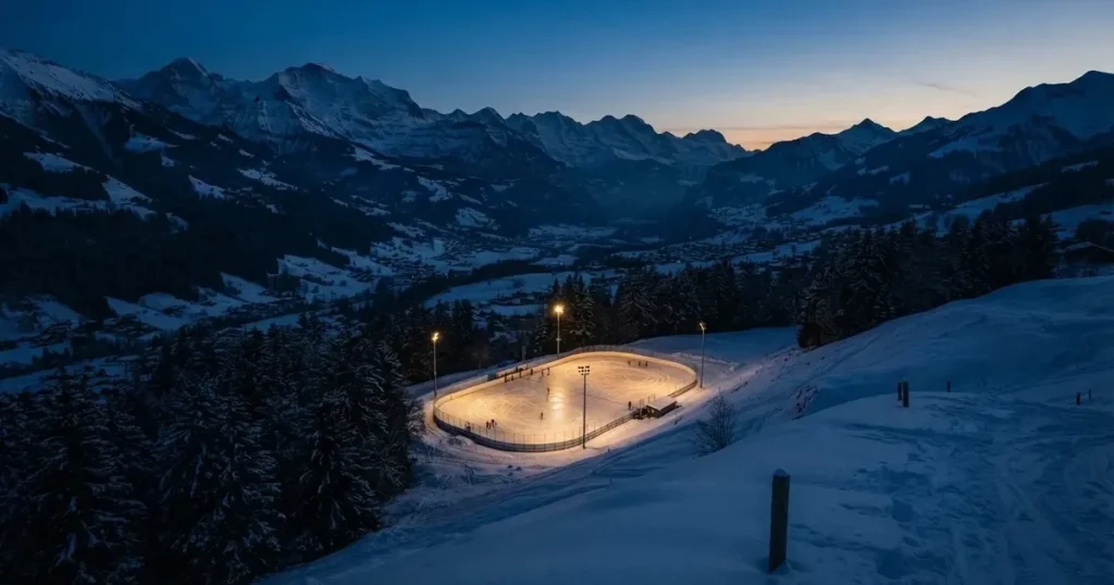 Eine Eisfläche unter Flutlicht in der Winterdämmerung, aus grosser Distanz von einem verschneiten Hang aus gesehen.