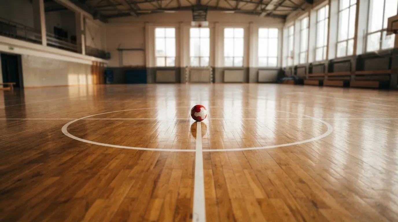 Der Boden einer Sporthalle aus poliertem Parkett mit einem einzelnen Handball in der Mitte, Licht fällt durch hohe Fenster.