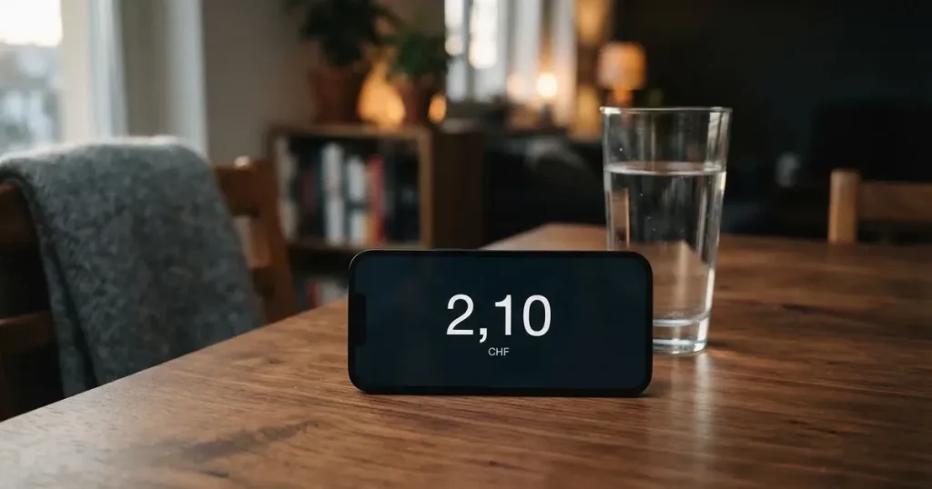 Ein Smartphone liegt mit dem Display nach unten auf einem Holztisch neben einem Wasserglas.