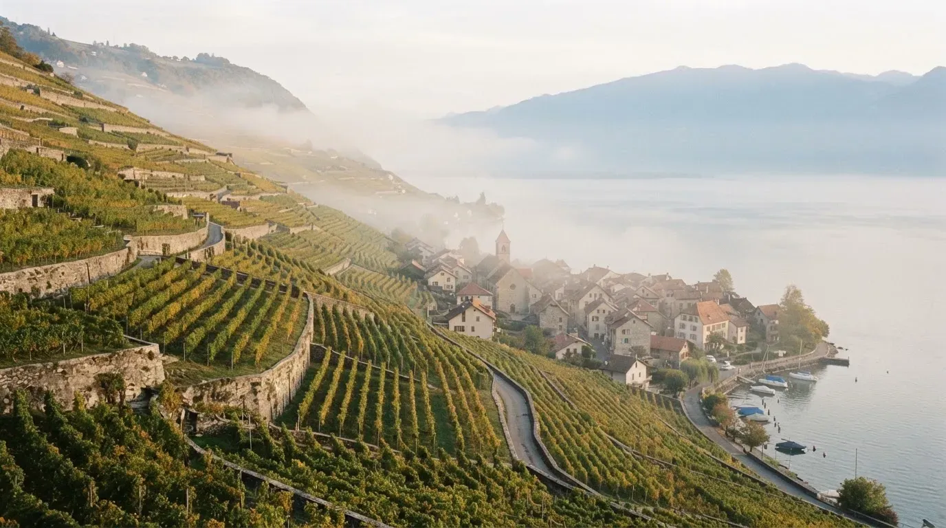 Terrassierte Weinberge über einem See im Morgendunst, am Ufer liegt ein kleines Dorf.
