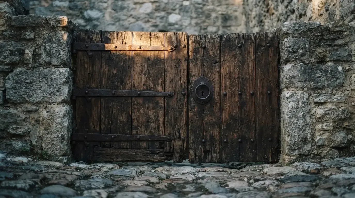 Ein schweres Holztor mit Eisenbeschlägen in einer alten Steinmauer, davor liegt Kopfsteinpflaster im Schatten.