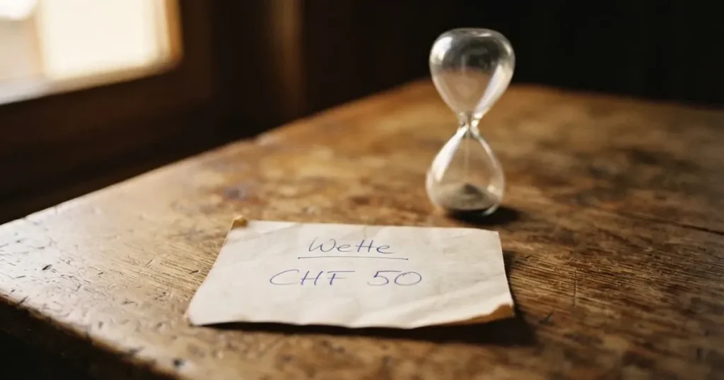 Ein kleiner Stapel Münzen neben einer Sanduhr auf einem Holztisch im weichen Fensterlicht.