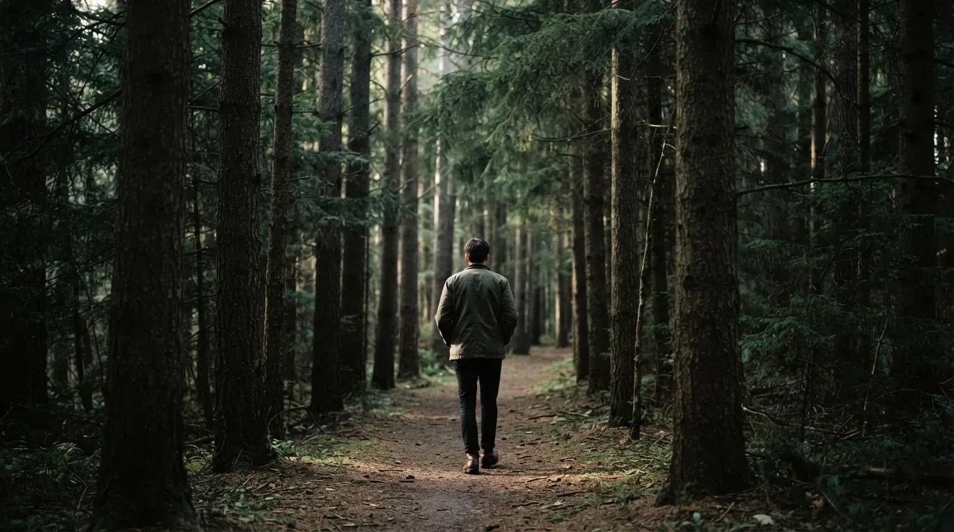 Eine Person von hinten auf einem Waldweg, die langsam zwischen hohen Tannen geht.