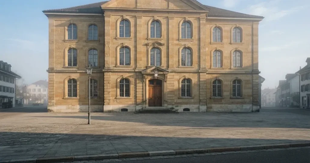 Die Fassade eines Sandsteingebäudes mit hohen Fenstern im weichen Licht des Vormittags, davor ein leerer Platz.