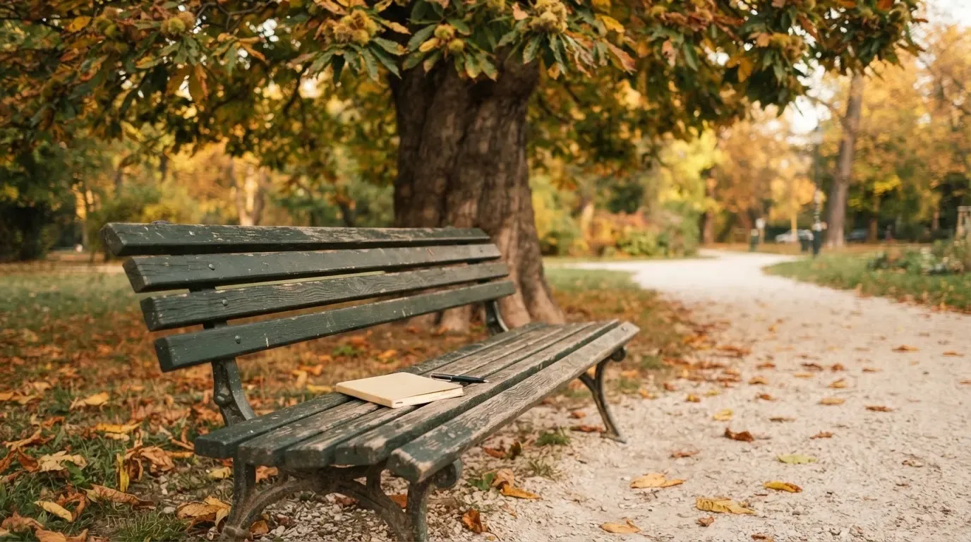 Eine Parkbank unter einer Kastanie im Herbst, auf dem Kiesweg liegen gelbe Blätter.