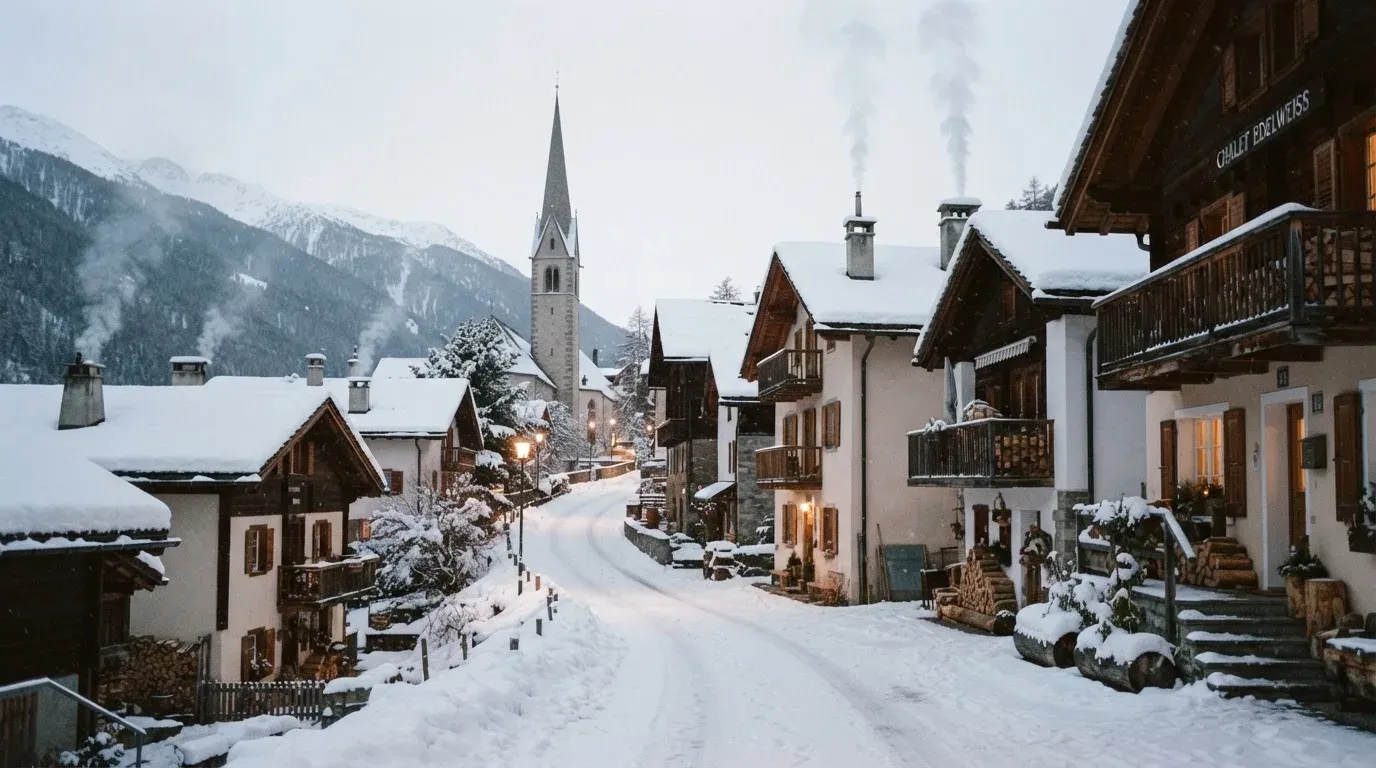 Eine verschneite Dorfstrasse mit Kirchturm im Hintergrund, Rauch steigt aus den Kaminen.
