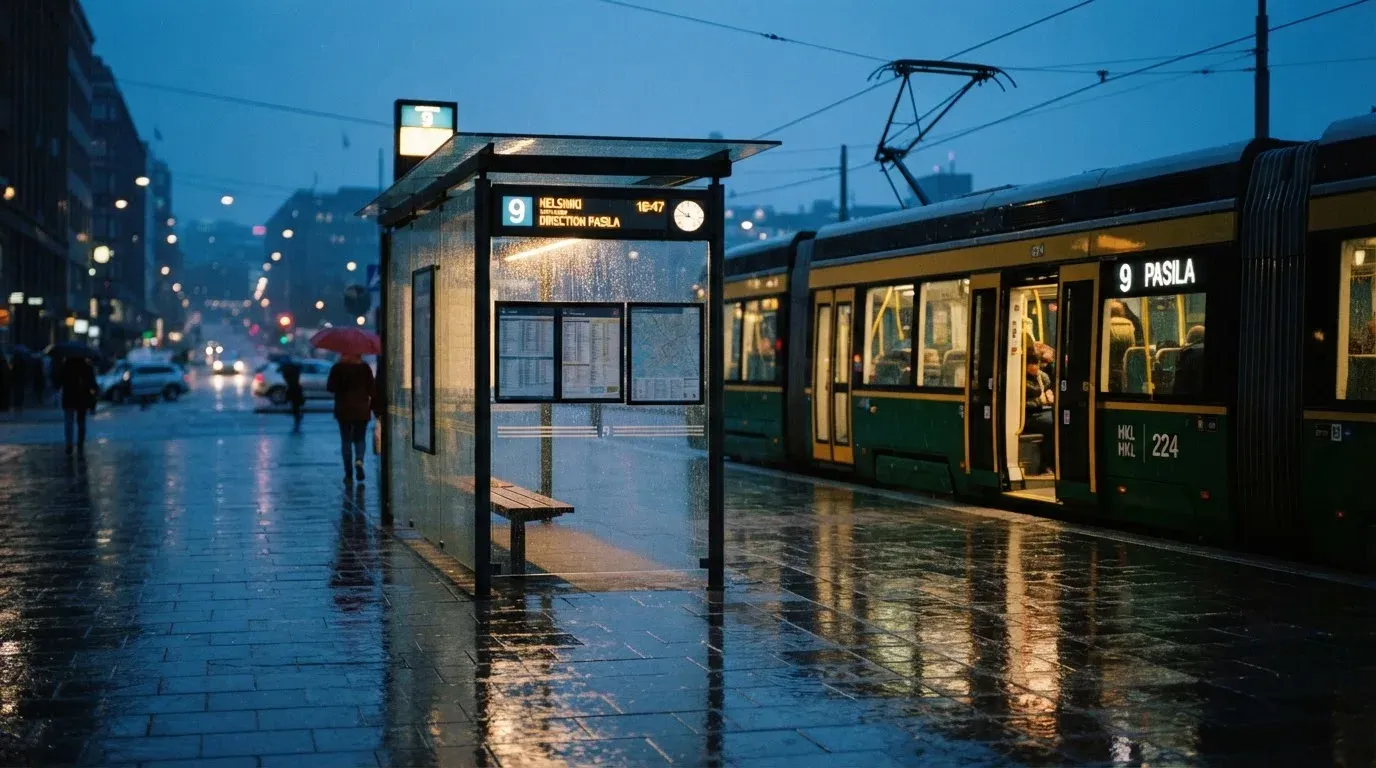 Eine Tramhaltestelle in einer Schweizer Stadt bei Regen, nasses Pflaster spiegelt das Licht.
