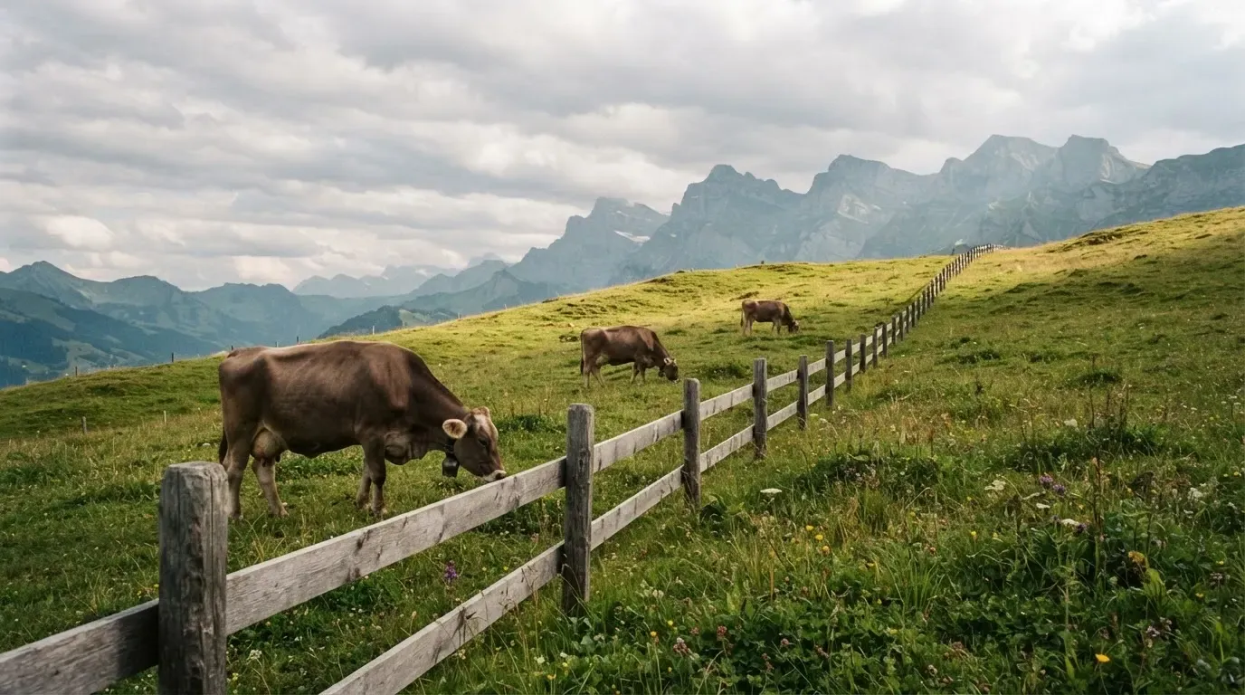 Eine Alpwiese mit weidenden Kühen und einem Holzzaun unter wolkigem Himmel.