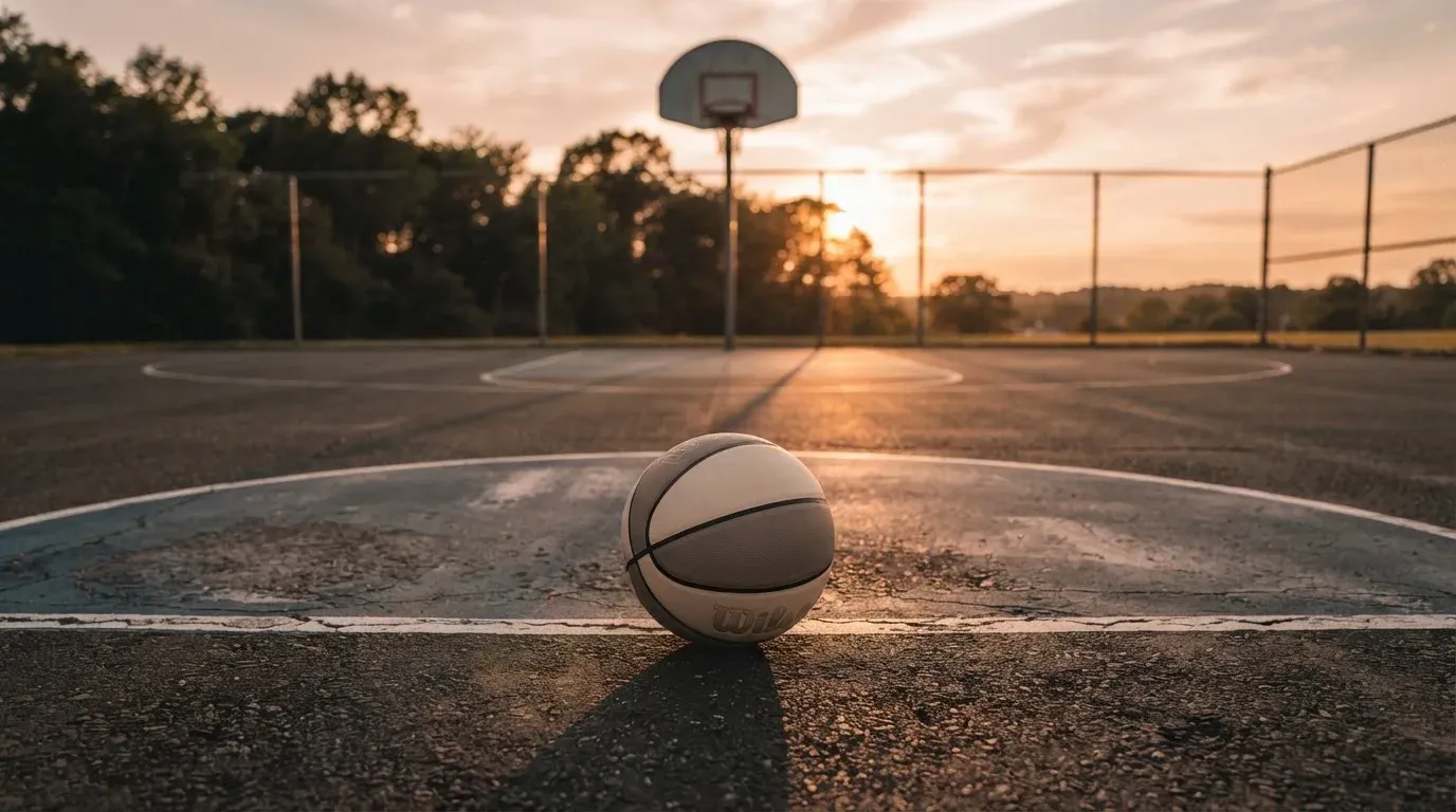 Ein Basketball liegt bei Sonnenuntergang auf einem leeren Aussenplatz, lange Schatten fallen über den Boden.