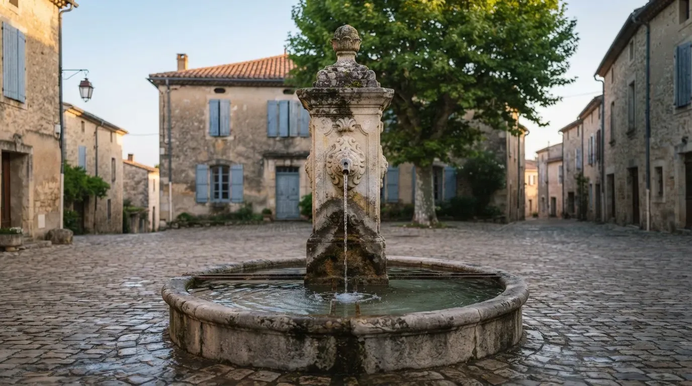 Ein Steinbrunnen auf einem stillen Dorfplatz im ersten Morgenlicht, Wasser fliesst ruhig in das Becken.