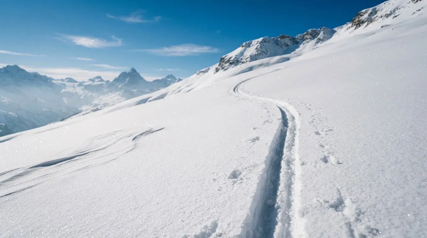 Skispuren im frischen Schnee an einem sonnigen Hang vor blauem Himmel.