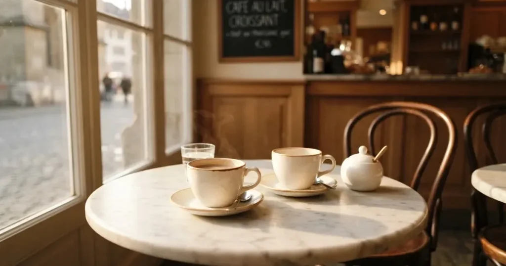 Zwei Kaffeetassen und eine Zuckerdose stehen auf einem runden Marmortisch in einem leeren Café am Morgen.