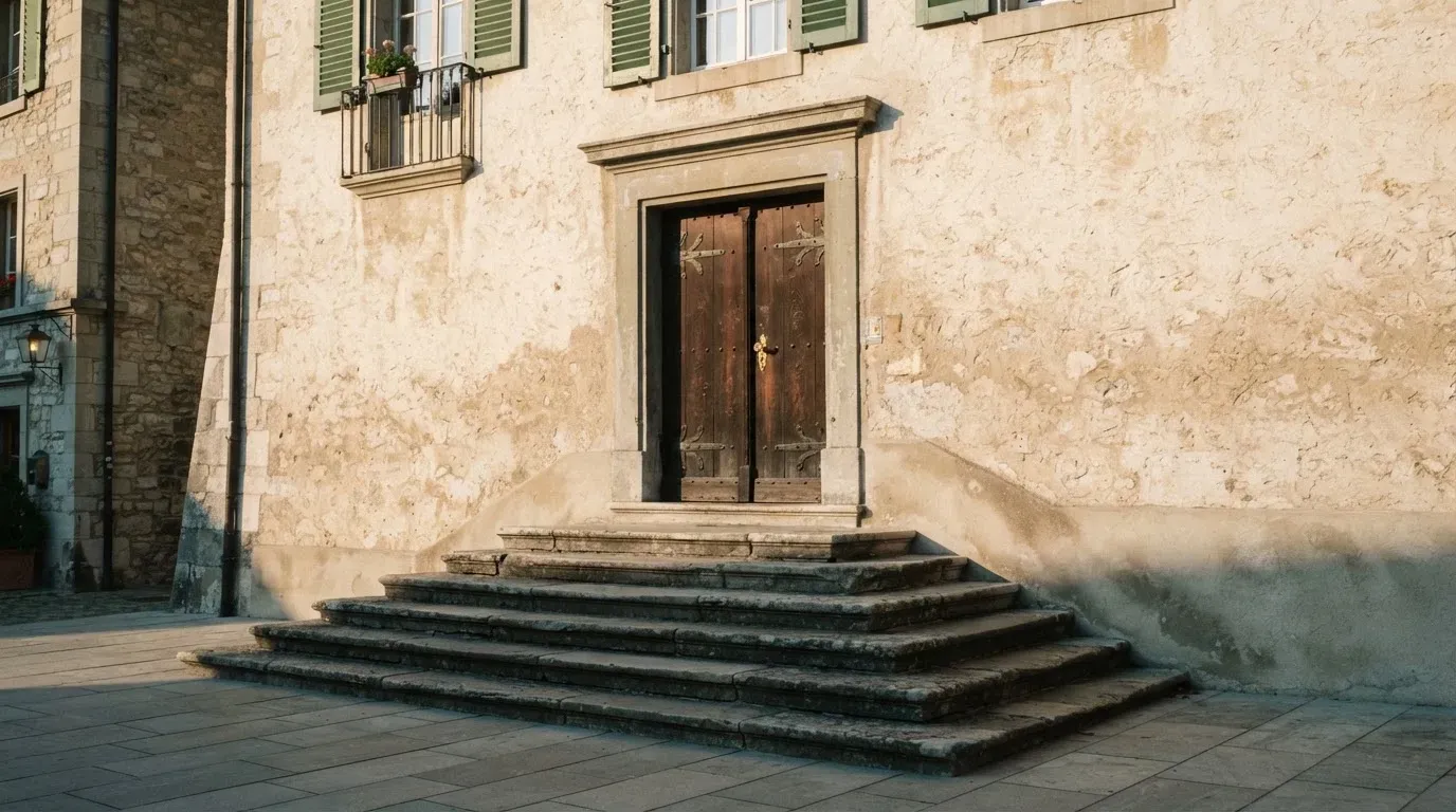 Eine Steintreppe führt zu einer schweren Eichentür in einer hellen Fassade, die Stufen liegen im Morgenschatten.