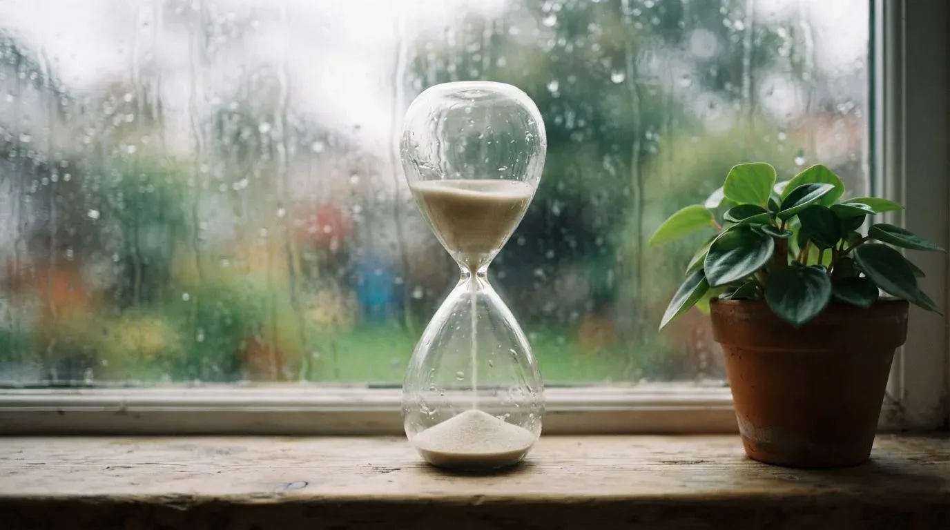 Eine Sanduhr steht auf einer Fensterbank neben einer Topfpflanze, draussen fällt leichter Regen.
