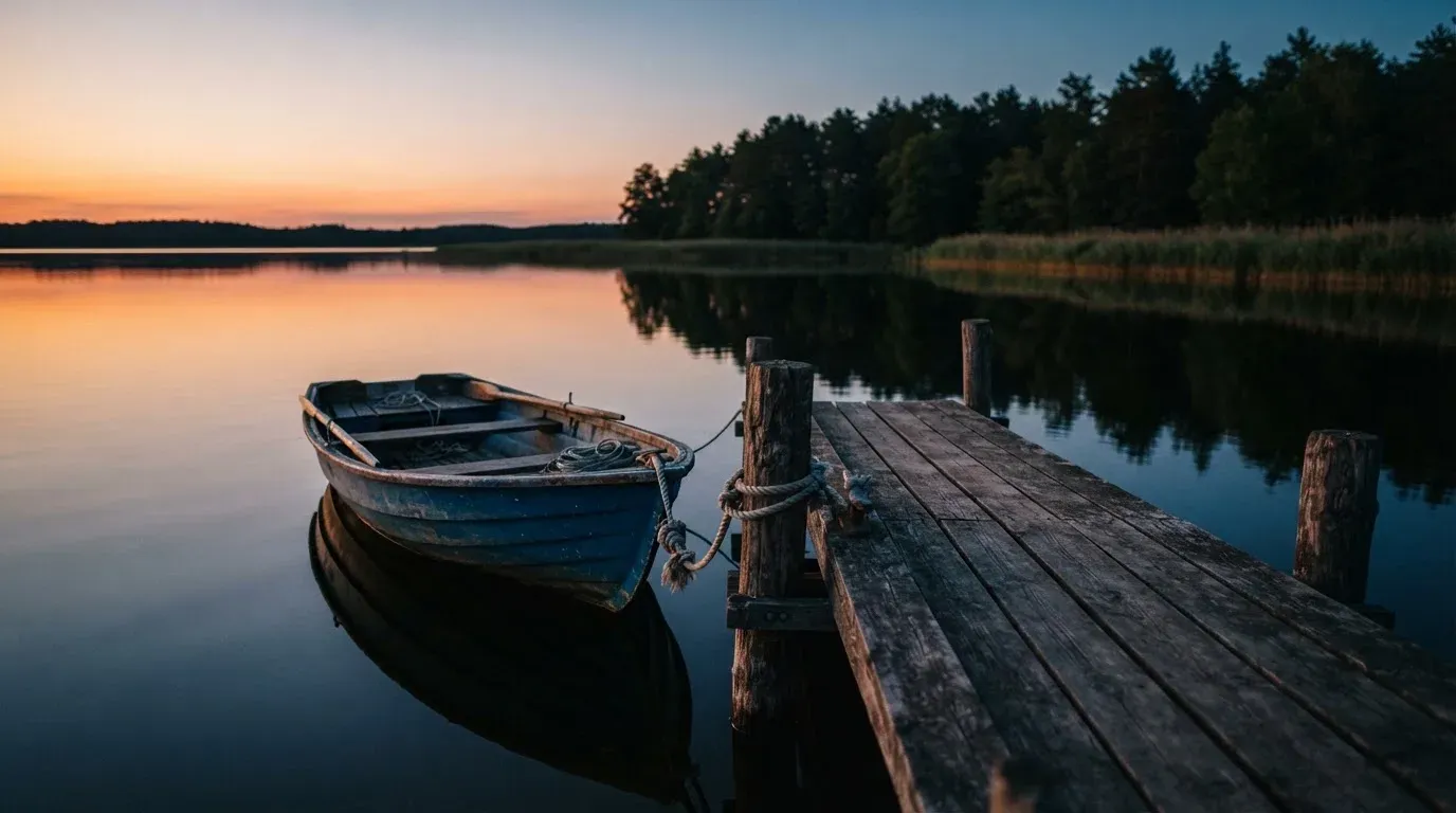 Ein Fischerboot liegt in der Abenddämmerung ruhig am Steg eines stillen Sees.
