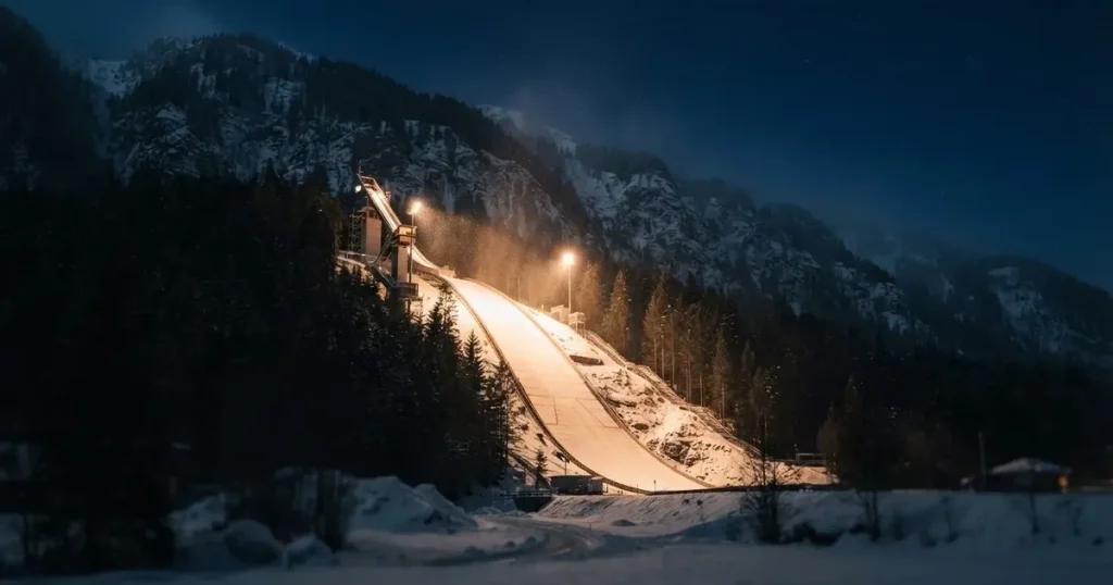 Eine Skisprungschanze im Flutlicht, aus dem Tal gesehen, der Hang liegt im Schnee.