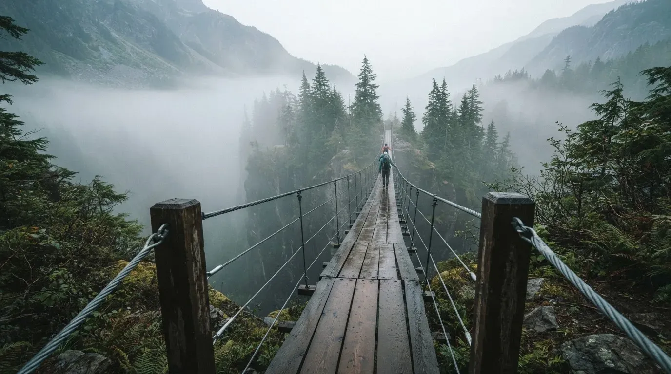Eine Hängebrücke über eine tiefe Schlucht, aus dem Wald darunter steigt Nebel auf.