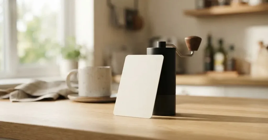 Eine leere cremefarbene Karte lehnt an einer Kaffeemühle auf einer Küchenablage.