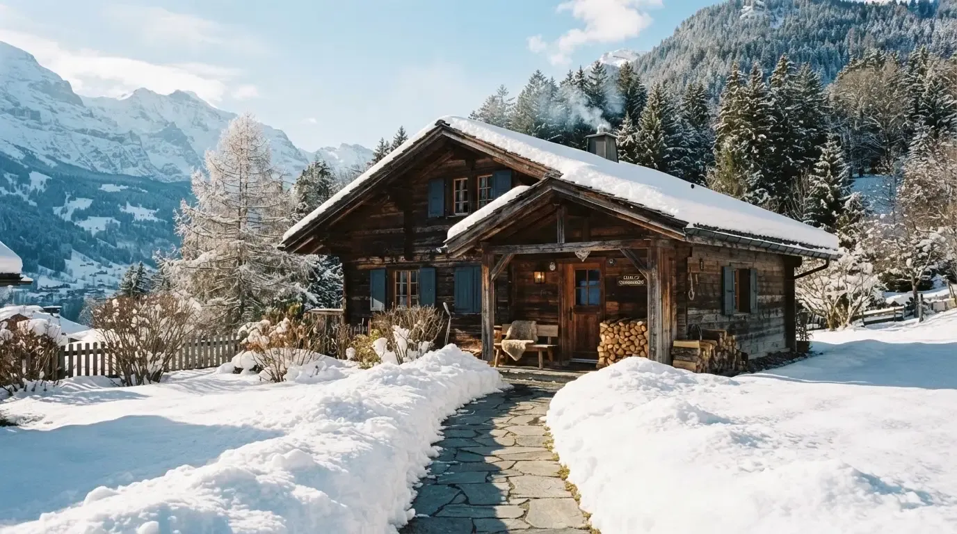 Ein Holzchalet mit Schnee auf dem Dach im klaren Sonnenlicht, davor ein geräumter Weg.
