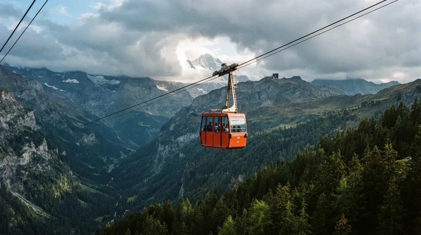 Eine Gondel einer Seilbahn schwebt über einem Tal mit Nadelwald, dahinter ziehen Wolken auf.