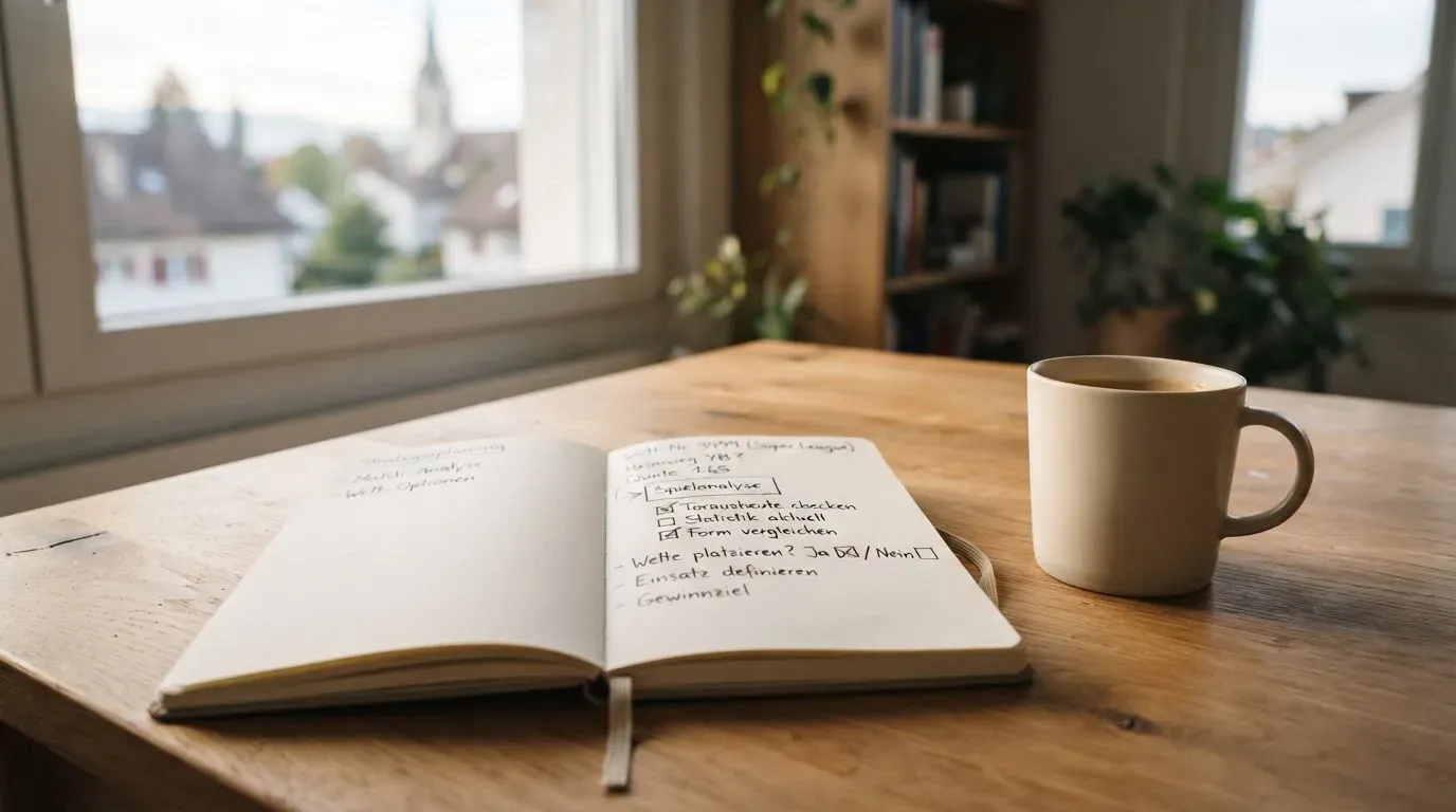 Ein aufgeschlagenes Notizbuch mit handschriftlichen Pfeilen und Kästchen liegt neben einer Kaffeetasse auf einem Schreibtisch am Fenster.