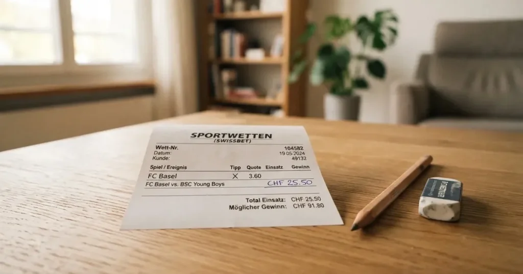 Ein leerer Wettschein aus Papier liegt neben einem Bleistift und einem Radiergummi auf einem hellen Holztisch im Tageslicht.
