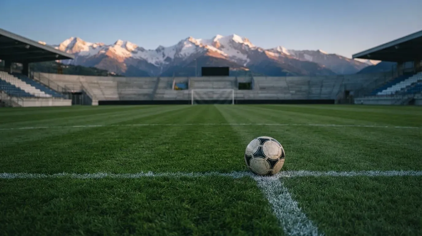 Ein Fussball liegt auf dem Rasen eines leeren Stadions am frühen Abend, dahinter erheben sich schneebedeckte Berge unter klarem Himmel.
